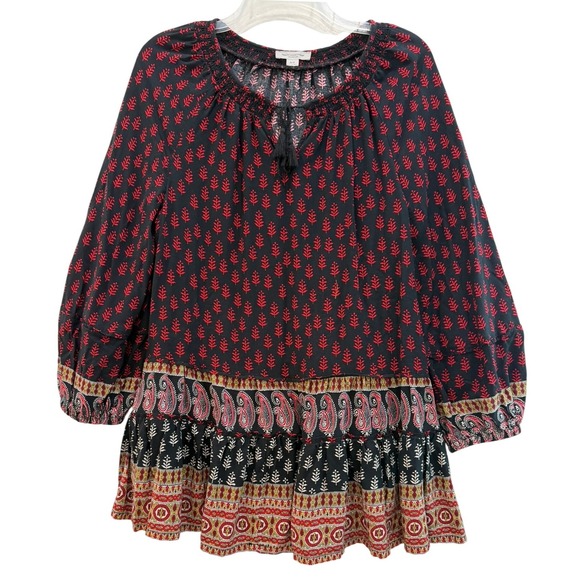 beachlunchlounge Tops - Beachlunchlounge Mari Black Red‎ Paisley Floral Tiered Peasant Blouse Top Small